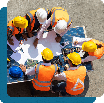 Group of construction workers huddled around work bench reviewing blueprint.