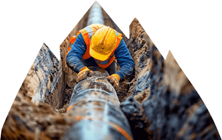 Utility worker working underground on large pipe.