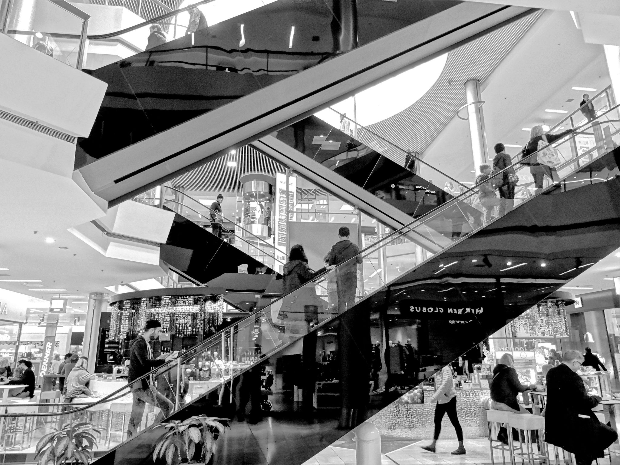 Black and white inside of mall