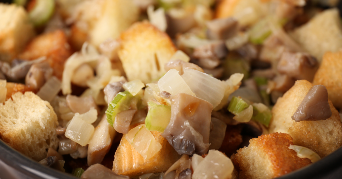 close up picture of a bowl of stuffing